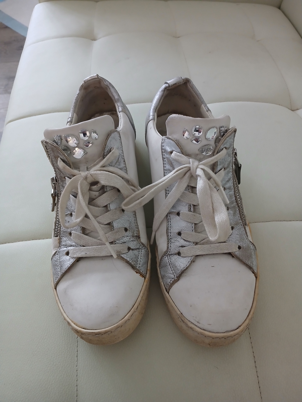 Paul Green White and Silver Crystal-Embellished Lace-Up Sneakers